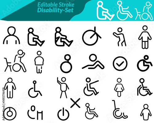 A disability set icon features vector illustrations representing various aspects of accessibility and inclusion, such as wheelchairs Ideal for healthcare, accessibility apps, public services,education