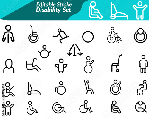 A disability set icon features vector illustrations representing various aspects of accessibility and inclusion, such as wheelchairs Ideal for healthcare, accessibility apps, public services,education