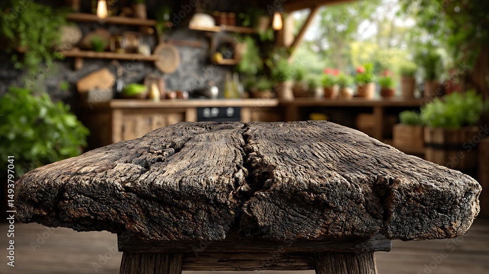 Fototapeta premium Rustic reclaimed wood table top with visible knots and cracks, positioned before a blurred background of a bright farmhouse-style kitchen.