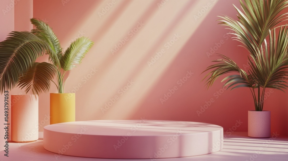 Fototapeta premium Elegant Round Platform with Exotic Plants Against a Soft Pink Wall