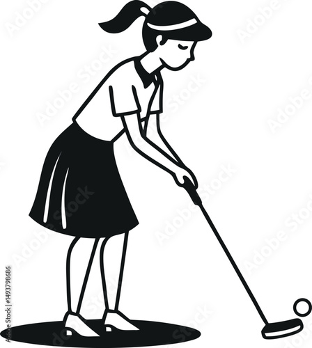 A Young Woman Golfer in a Classic Pose Preparing to Putt on the Green