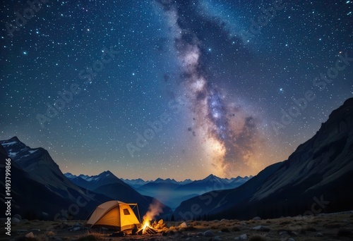 Camping under the starry sky with a campfire in the mountains at night