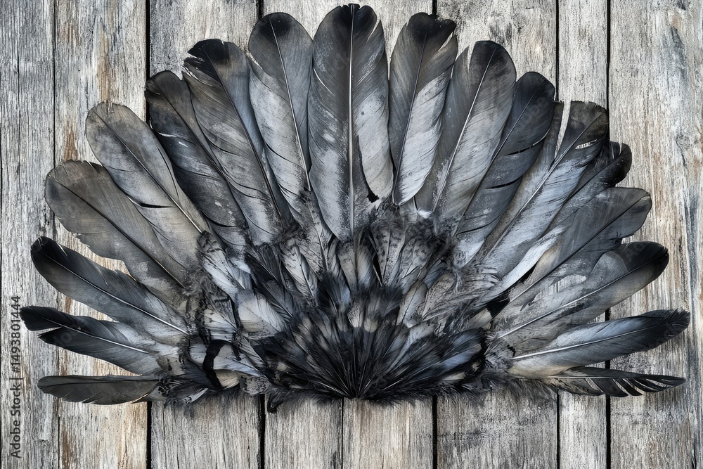 Naklejka premium A majestic arrangement of dark feathers, forming a fan-like shape against a rustic wooden backdrop.