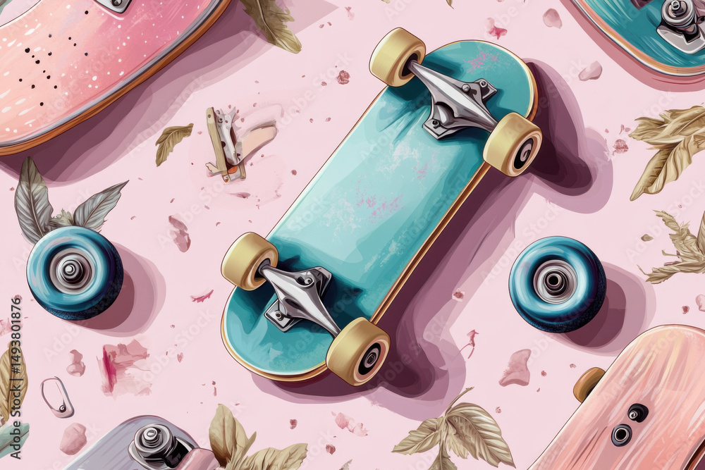 Skateboards and wheels lying on pink surface with dry leaves Skateboards and wheels lying on pink surface with dry leaves