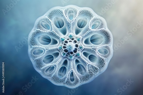 Intricate, bioluminescent, radial structure resembling a microscopic organism or abstract art.