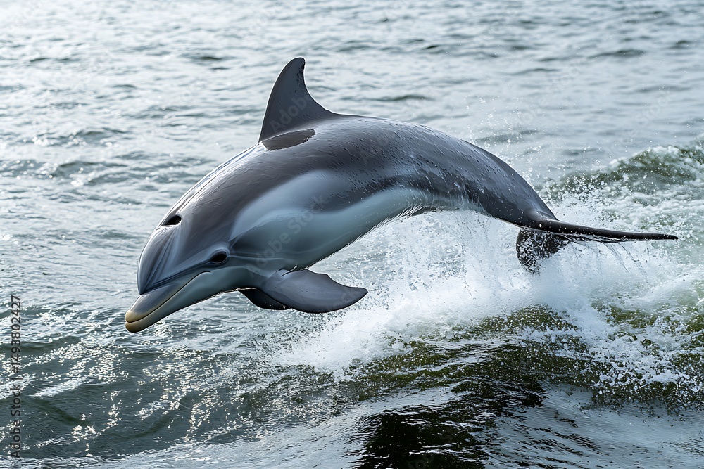 Obraz premium A dolphin leaping from the water with splashes around its body in the ocean on a bright day image