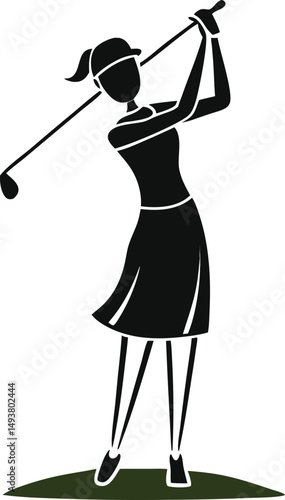 Silhouette of a Female Golfer Swinging a Club on a Grassy Field