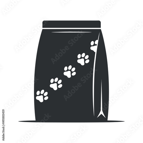 Pet Food Bag with Paw Print Design Icons, Black and White Packaging Vector Illustration