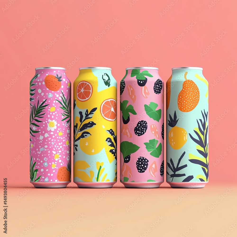 Fototapeta premium Summer-inspired fizzy drink cans with bold fruit graphics. AI generated image
