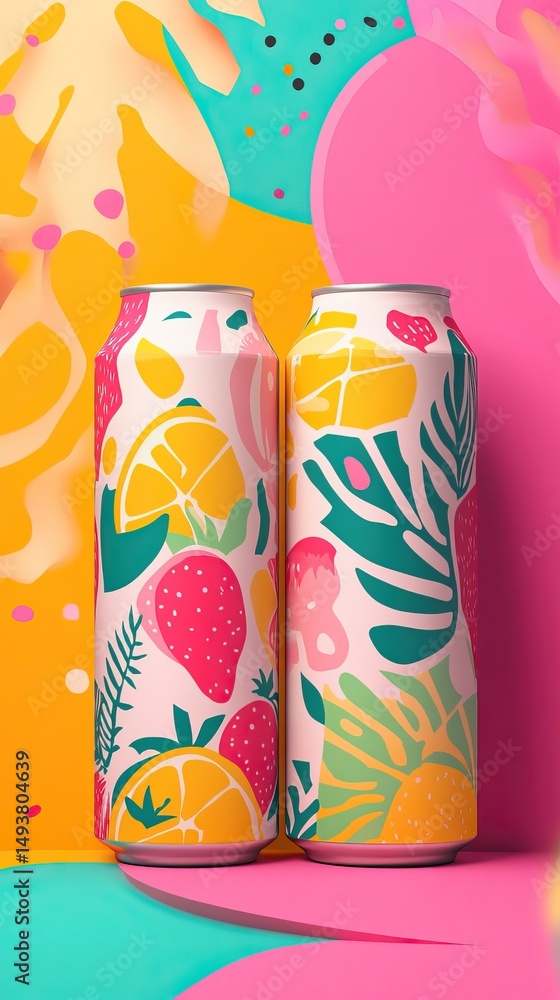 Fototapeta premium Playful fruit soda cans for a refreshing summer vibe. AI generated image