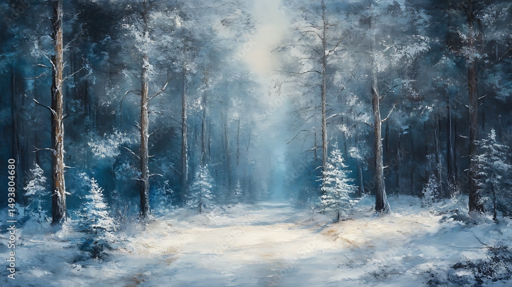 Fototapeta premium A winter forest path, glistening with frosted trees.