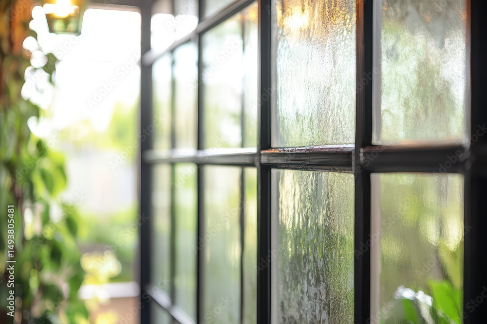 Fototapeta premium Foggy glass with greenery in bright light
