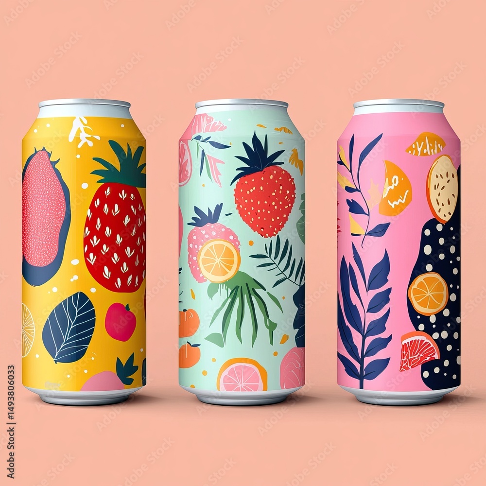 Obraz premium Tropical summer soda cans with artistic fruity designs. AI generated image