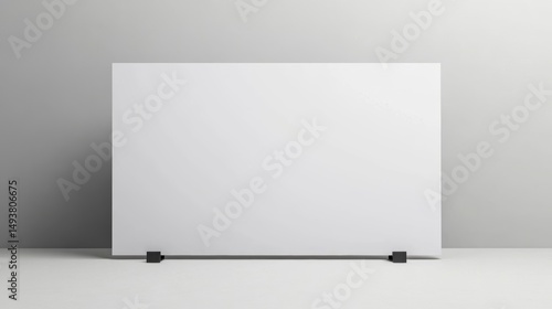 Blank white poster mockup on simple stand against a light gray wall.