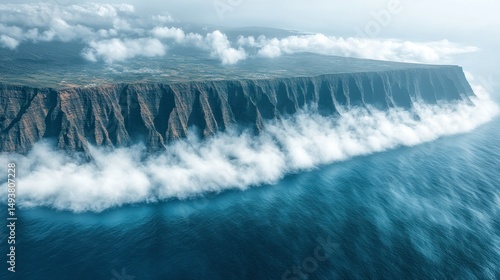 Dramatic cliffs meet misty ocean