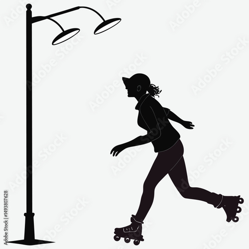 A person on rollerblades under city lights image silhouette design vector art and illustration