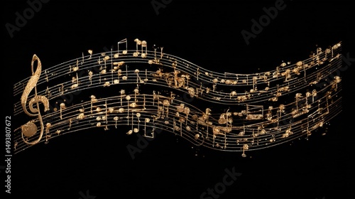 Golden musical notes and staff lines flowing in waves on a black background. Elegant gold and black tones. Ideal for music, luxury, art, or creative design projects.