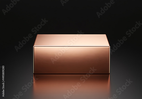 Sleek, metallic box. Geometric shape in copper color. Elegant and minimalist design. High-quality, modern, and refined aesthetic. Reflective surface.