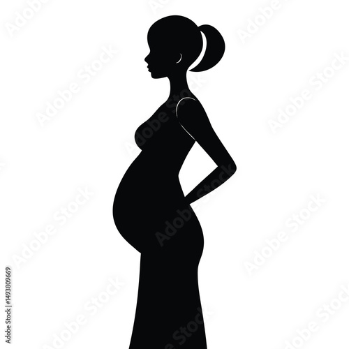 Elegant silhouette of a pregnant woman representing motherhood and expectation isolated on white