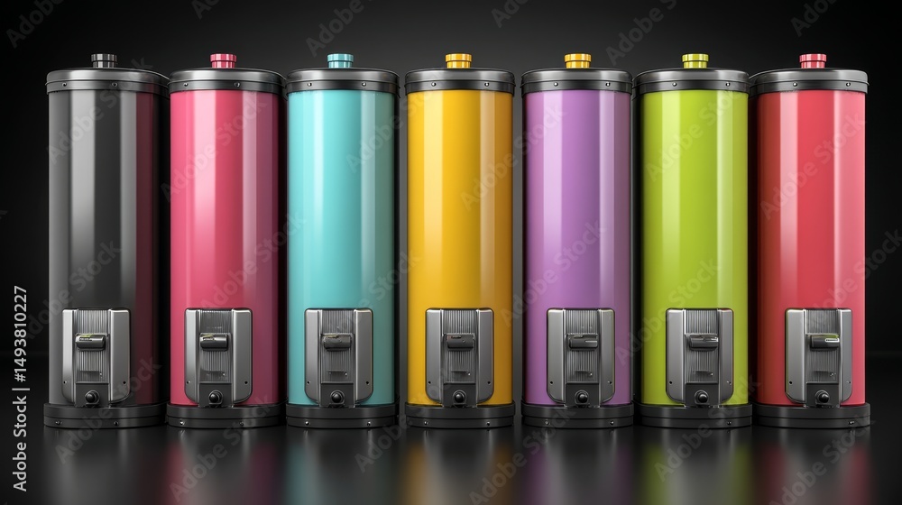 Fototapeta premium Colorful beverage dispensers lined up on a dark background for drinks service.