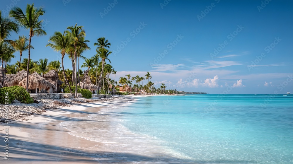 Obraz premium White sandy beach in Cap Cana Dominican Republic Beautiful tropical resort background with ocean view