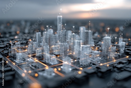 Futuristic city skyline with glowing data streams and wireless communication signals, symbolizing the interconnectedness of smart urban infrastructure in a digital world.
