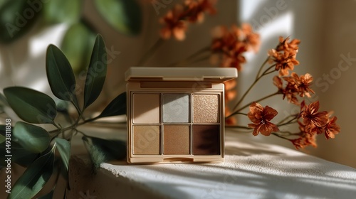 Makeup Palette Displayed on a Natural Stone Surface Surrounded by Greenery an...