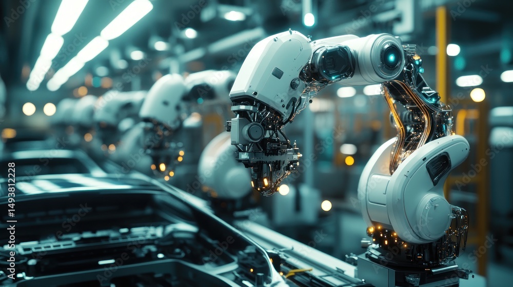 Fototapeta premium Smart industrial robots operating on a car production line, demonstrating innovative synchronization and efficiency in the automotive manufacturing process.