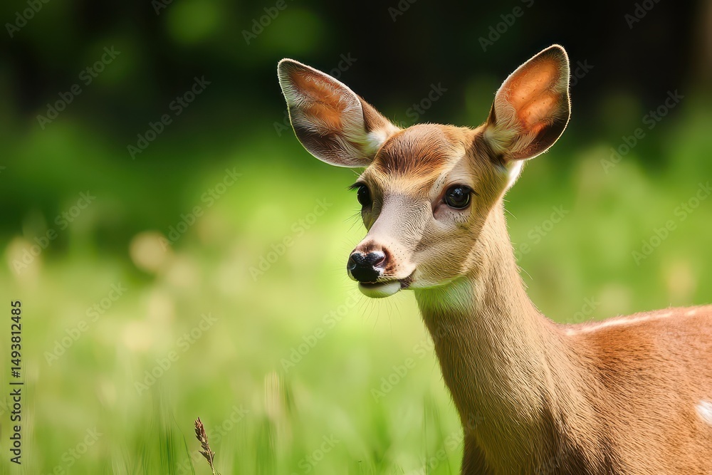 Young deer graze in a green meadow Young deer graze in a green meadow
