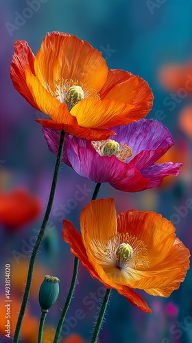 Brightly Colored Poppies Bloom in a Garden During Spring With a Soft, Blurred Background
