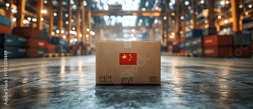 Cardboard Box with Chinese Flag in Warehouse