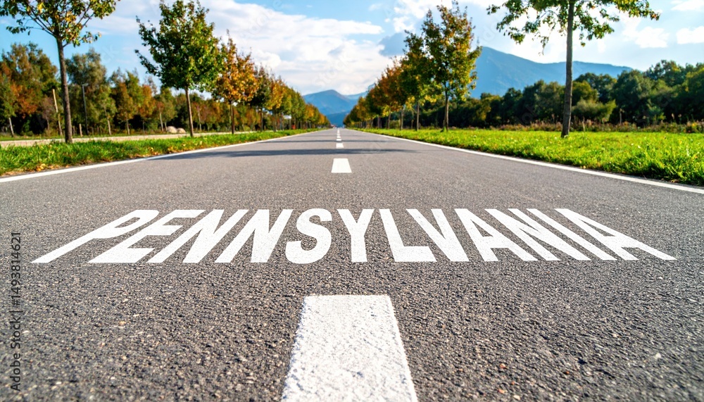 Fototapeta premium Open road in pennsylvania with trees and mountains under blue sky