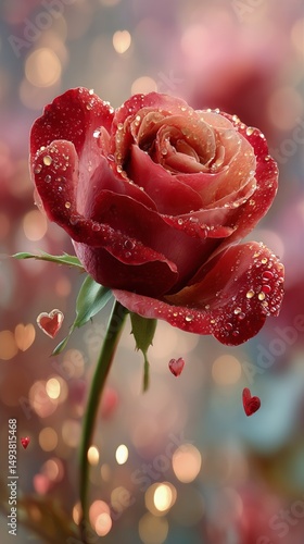 Beautiful Red Rose Adorned With Droplets and Hearts in a Soft Bokeh Background