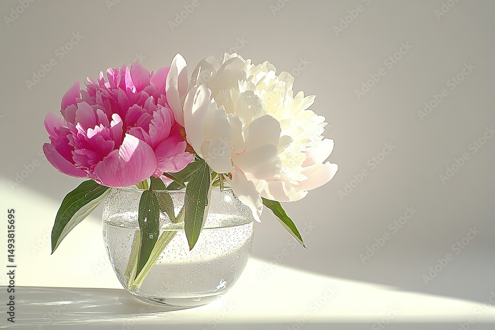 Obraz premium Clean and natural photo simple bouquet of pink and white peonies in glass vase with a plain white background. Ideal for lifestyle blogs, floral promotions and minimalist concepts