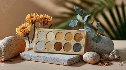 Makeup Palette Displayed on a Natural Stone Surface Surrounded by Greenery an...