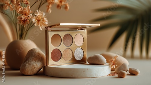 Beauty Palette Arranged With Stones and Flowers in a Serene Setting