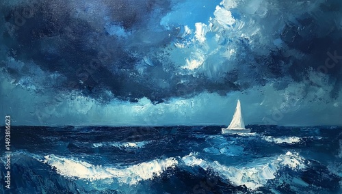 Sailboat with stormy sea, blue sky, and painting.