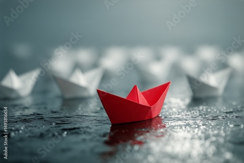 Red Paper Boat Stands out Among White Boats Floating on a Calm Water Surface ...