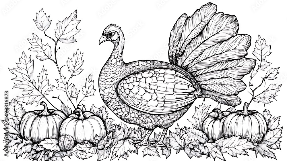 Fototapeta premium Turkey with fall leaves and pumpkins