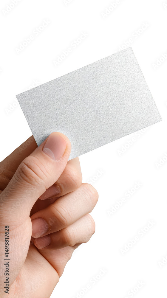 Obraz premium Hand Holding Blank White Business Card On Black Background On Transparent Background