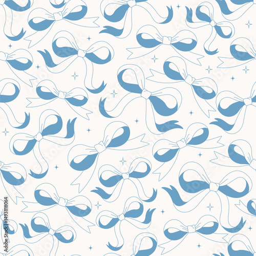 Seamless pattern with cute blue bows on light background. Soft and elegant design for wrapping paper, textiles, baby shower decor, or feminine festive themes.