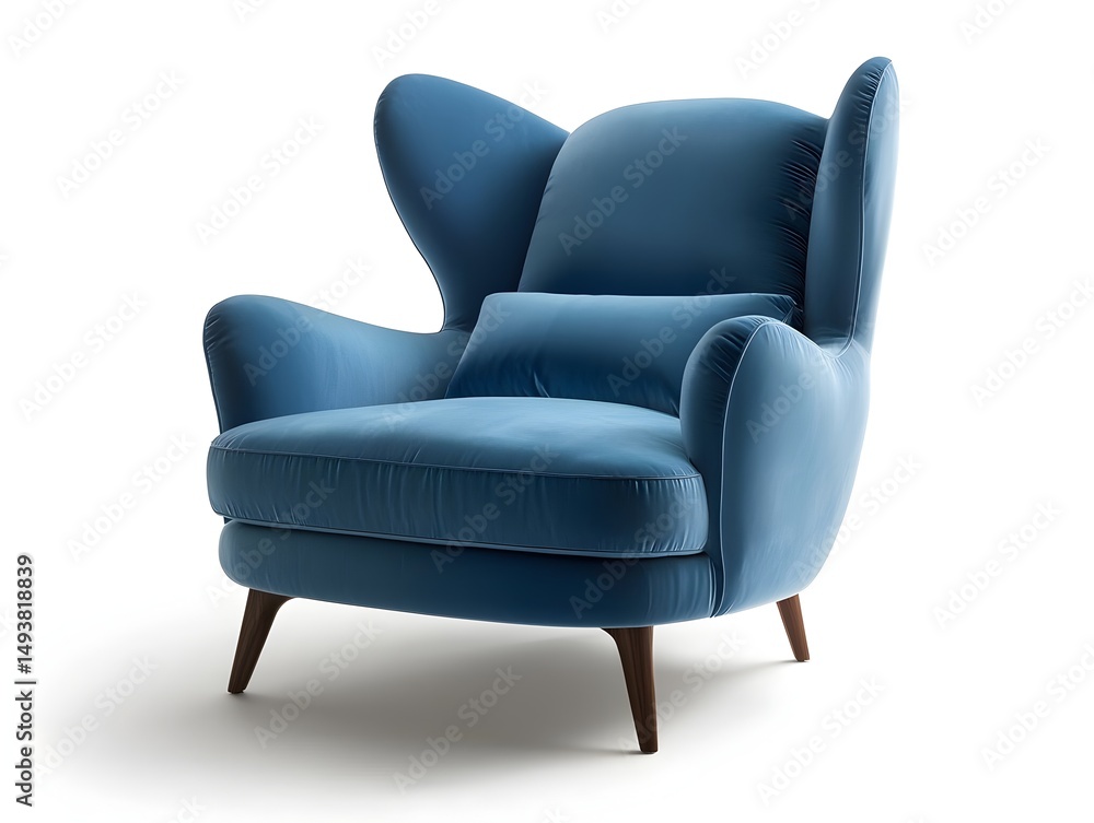 Photo of a modern blue armchair with a cushion, placed next to a stylish side table