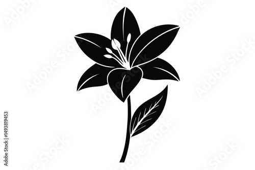 Stylized Black Flower Illustration with Visible Stamens, Stem, and Single Leaf. Floral Design
