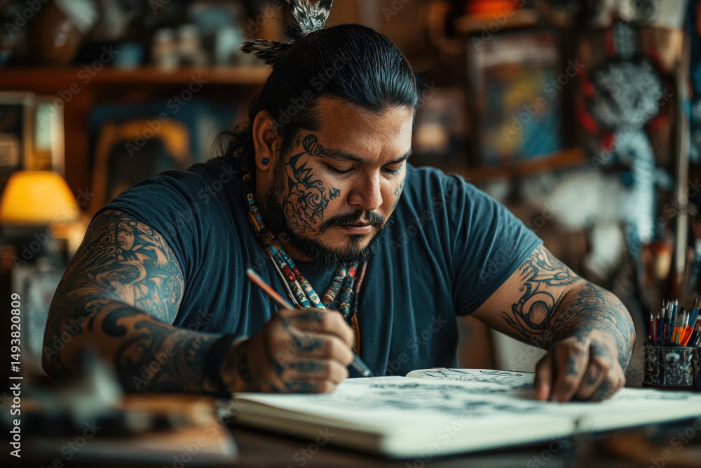 Man with tattoos and pen writing. Man with tattoos and pen writing.