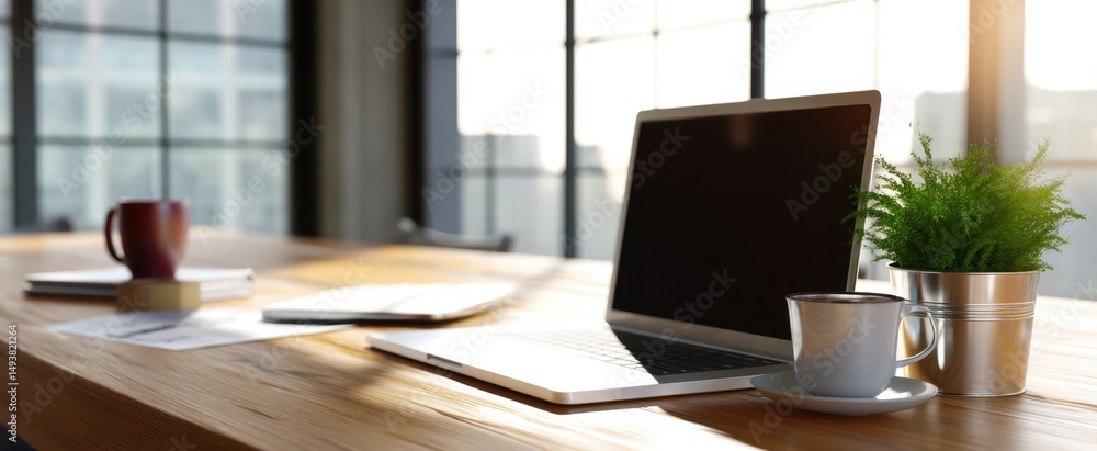 Fototapeta premium The modern workspace featuring a laptop, coffee, and green plant on a desk.