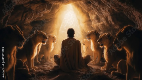 David stands in quiet faith among powerful lions, calm and unharmed in a shadowy den, illuminated by divine light—an image of unwavering trust and miraculous protection...