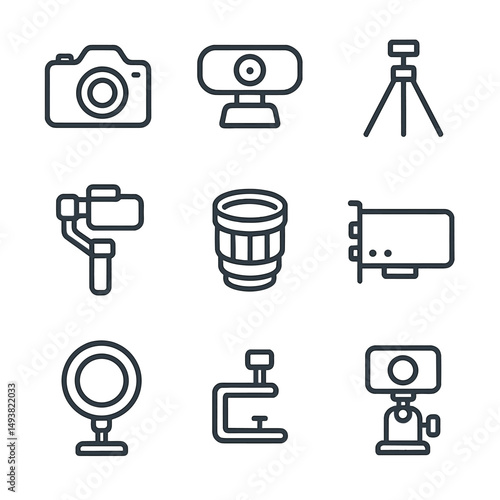 Photography tools linear icons set. camera, equipment, and tripod symbols