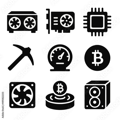 Cryptocurrency and mining silhouette icons set. blockchain and digital currency symbols