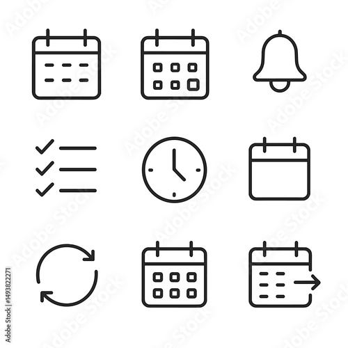 Calendar and time management linear icons set. scheduler and planner symbols