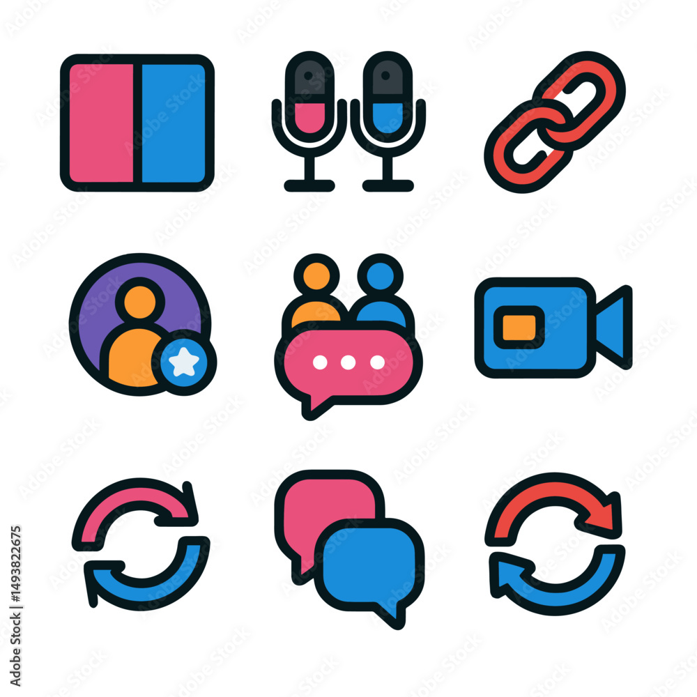 Communication and networking flat icons set. messaging, media, connection symbols Communication and networking flat icons set. messaging, media, connection symbols